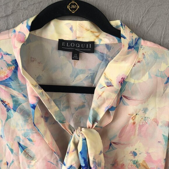 Eloquii Blouse Womens 24 Floral Tie Neck Bow Long Sleeve Button Front Plus Size - Picture 14 of 16